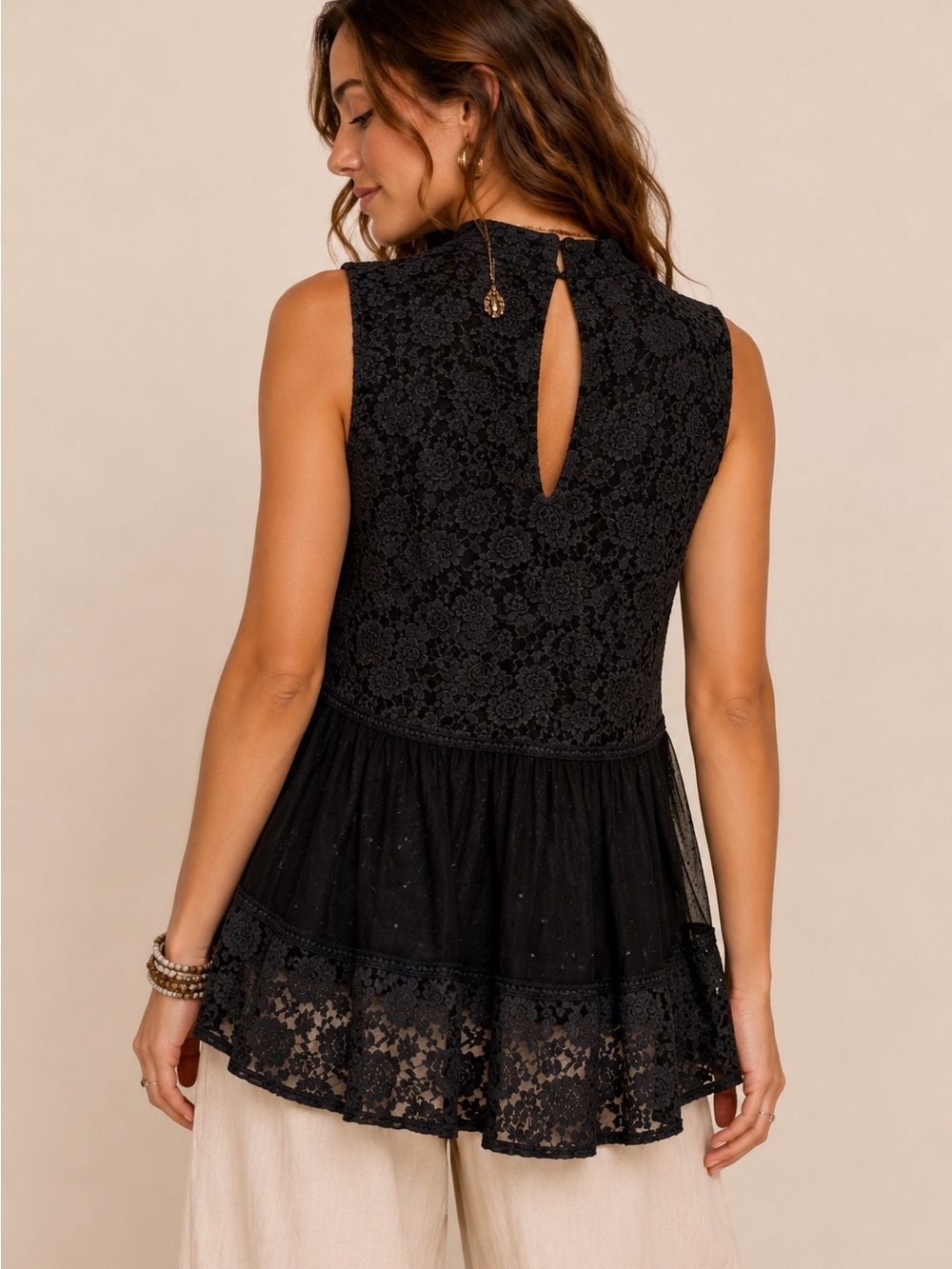 UMGEE Floral Lace Swiss Dot Mesh Peplum Tank  Boho Chic - Picture 2 of 7
